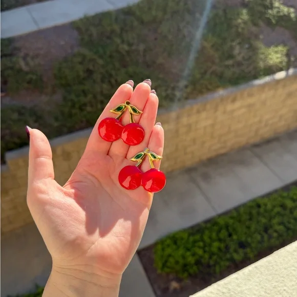 Cherry Red Earrings with Gold Accents - Picture 2 of 3